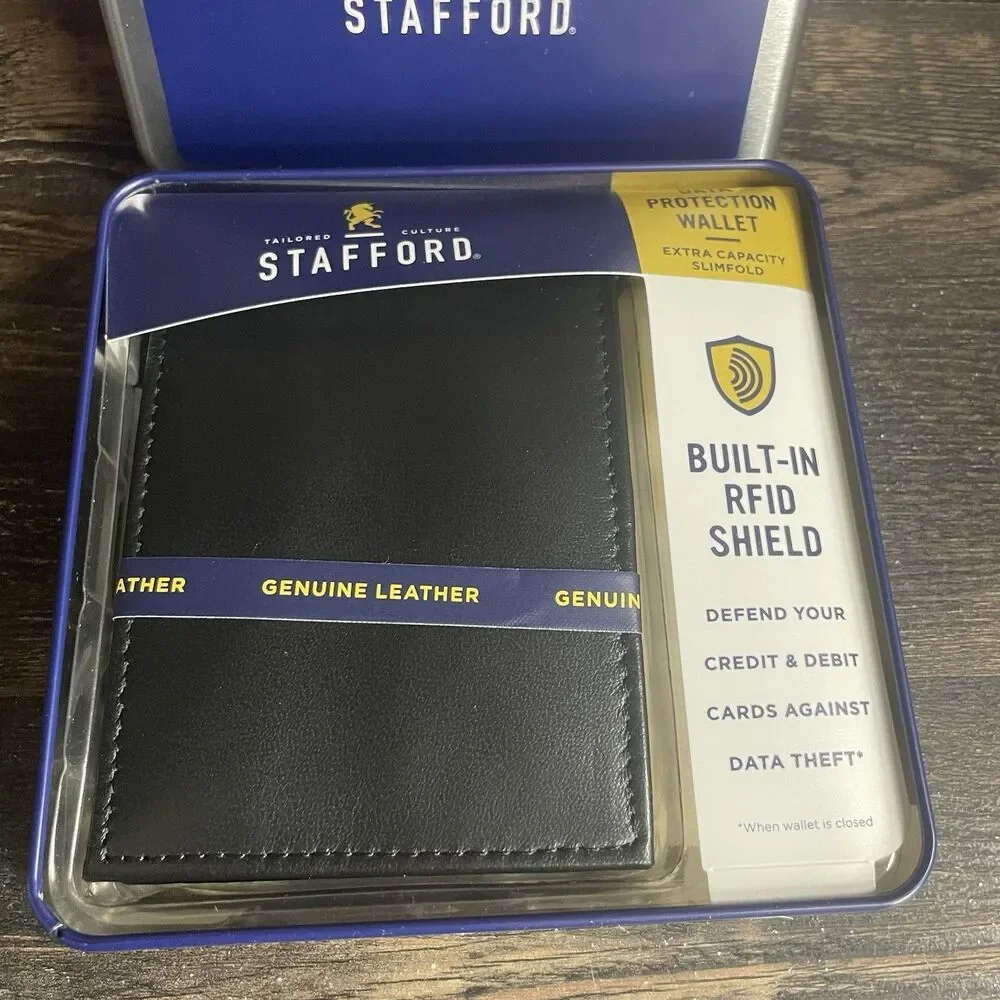 Stafford Men’s Black Leather Bifold Wallet Built in RFID Shield New In Tin